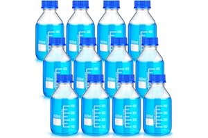 Irenare 12 Pieces Media Storage Bottles Borosilicate Storage Glass Scientific Round Graduated Media Bottle with Blue Gl45 Screw Cap for Lab Water Reagent Liquids(500 ml)