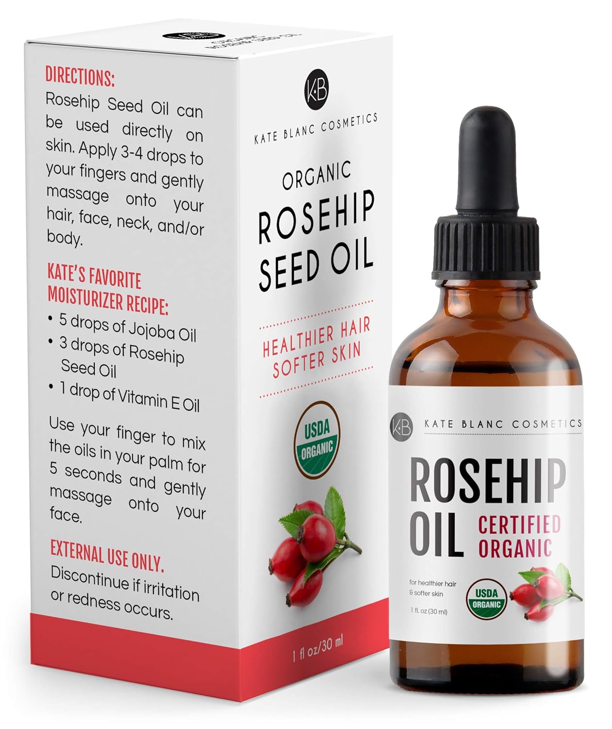 Rosehip Seed Oil by Kate Blanc. USDA Certified Organic, 100% Pure, Cold Pressed, Unrefined. Reduce Acne Scars. Essential Oil for Face, Nails, Hair, Skin. Therapeutic AAA+ Grade. (1 fl oz): Beauty