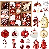 Alupssuc 65pcs Christmas Balls Ornaments Set, Shatterproof Plastic Baubles Gingerbread House, and Tree Topper for Xmas Tree Holiday Wedding Party Decorations with Hanging Strings, Gold & Red, White