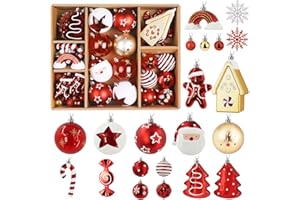 Alupssuc 65pcs Christmas Balls Ornaments Set, Shatterproof Plastic Baubles Gingerbread House, and Tree Topper for Xmas Tree Holiday Wedding Party Decorations with Hanging Strings, Gold & Red, White