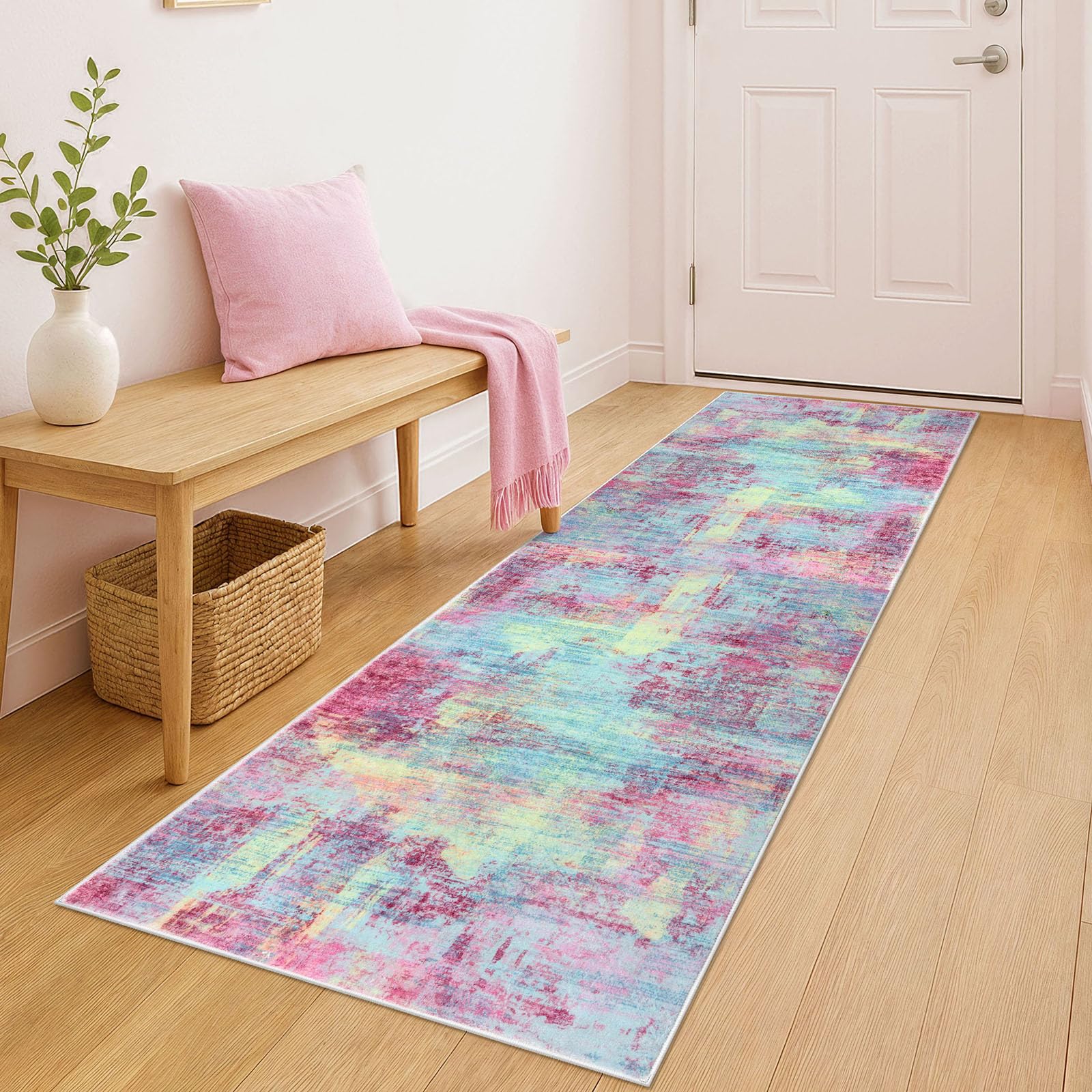IOHOUZE Abstract Runner Rug 2x6 Ft Washable Runners for Hallways, Non Slip Kitchen Runner Printed Faux Wool Entryway Runner Indoor, Modern Abstract Floor Carpet for Hall Kitchen Bedroom, Pink Teal Image
