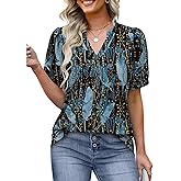 OFEEFAN Women's Pleated Puff Sleeve Tops Summer V Neck Tunic Shirts Loose Curved Hem Blouses Dressy Casual S-3XL