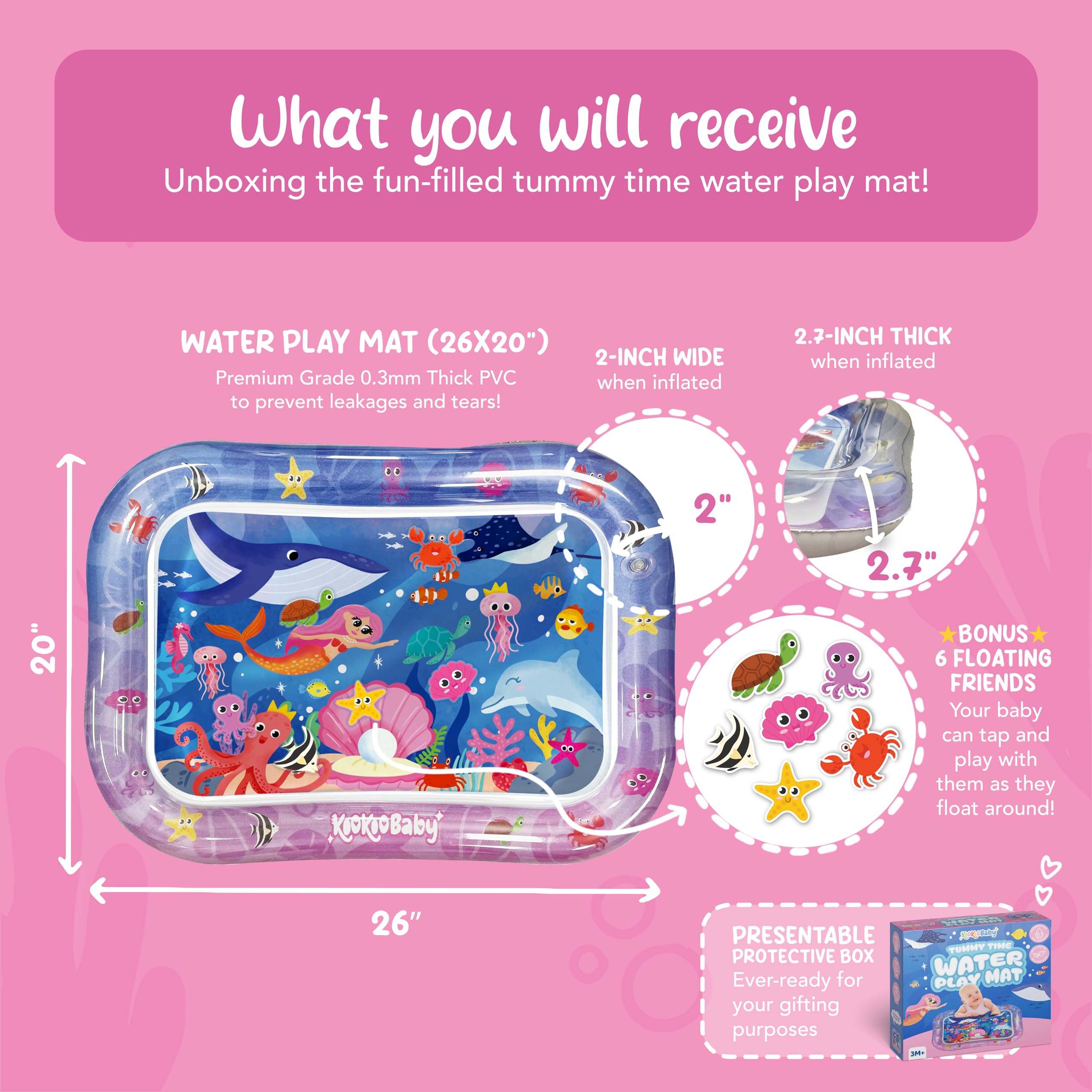 KooKooBaby Water Tummy Time Mat - Large Sensory Baby Water Mat for Tummy Time & Motor Development - Leak-Proof, Durable Play Mat for Babies 3 Months+ - Infant Water Play Mat for Baby Boys & Girls