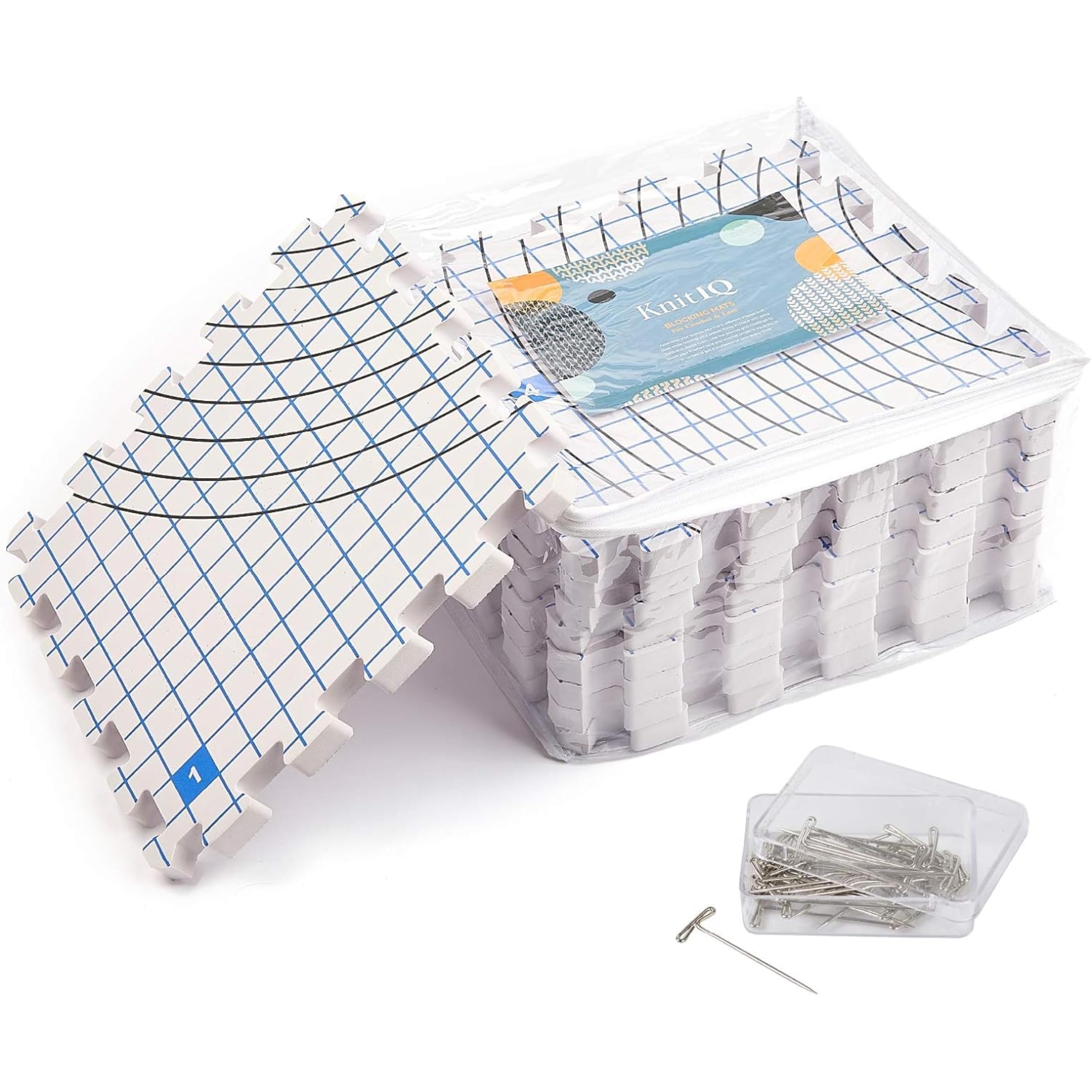KnitIQ Extra Thick Blocking Mats for Knitting and Crochet Projects - 3-Piece Crochet Blocking Board Set with Gridlines, 100 T-Pins, and Storage Bag - Durable Blocking Board for Crochet and Knitting