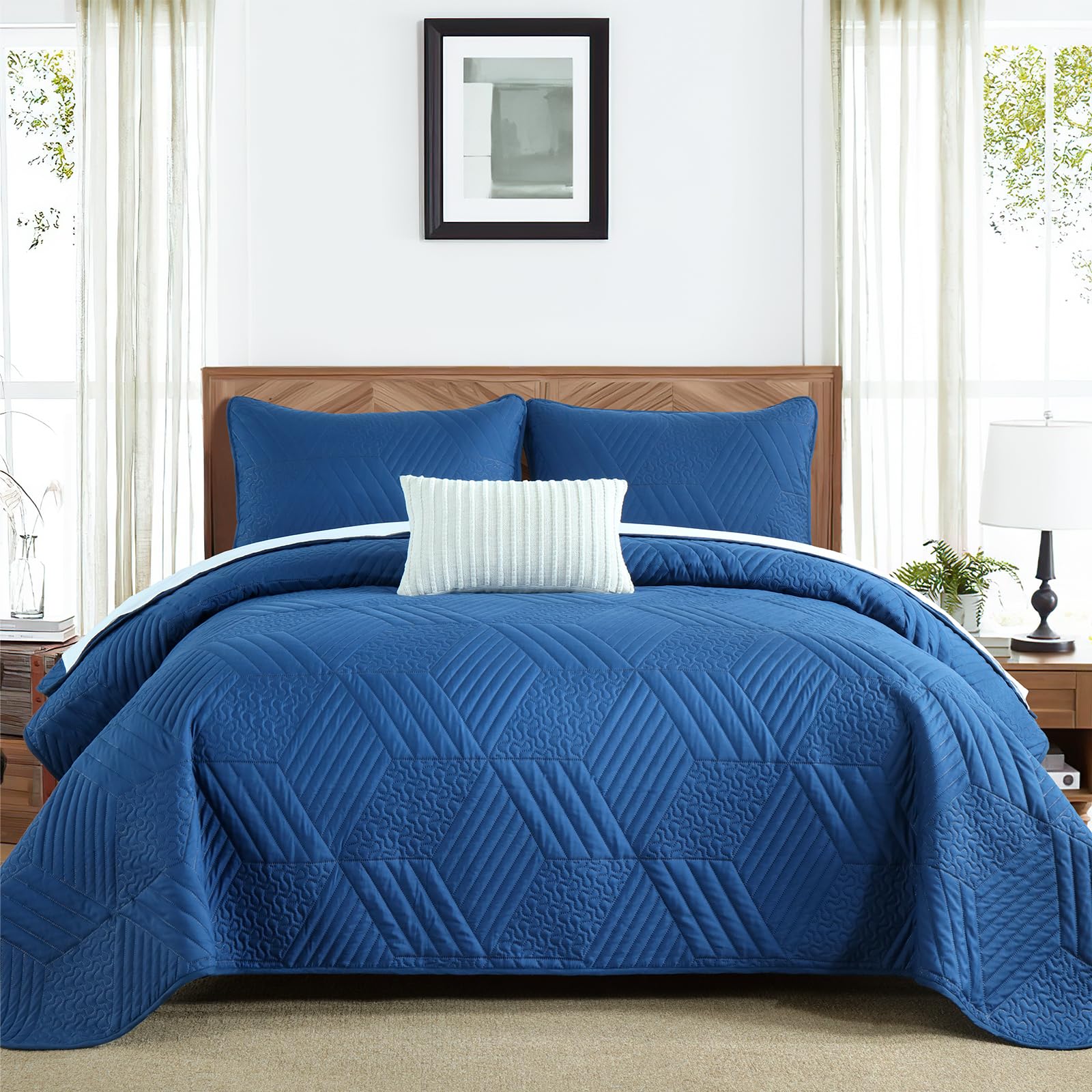 Photo 1 of DJY Blue King Quilt Set, Lightweight Ultrasonic Quilt Bedspreads Soft Modern Geometric Coverlet Quilt Set for All Seasons - 3 Piece (1 Quilt, 2 Pillow Shams)