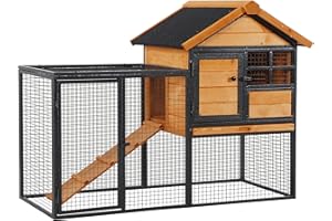 PawHut Rabbit Hutch Outdoor, 48" L Large Wooden Bunny Cage with Run, Bite-Resistant Metal Frame, Removable Plastic Tray, Asph