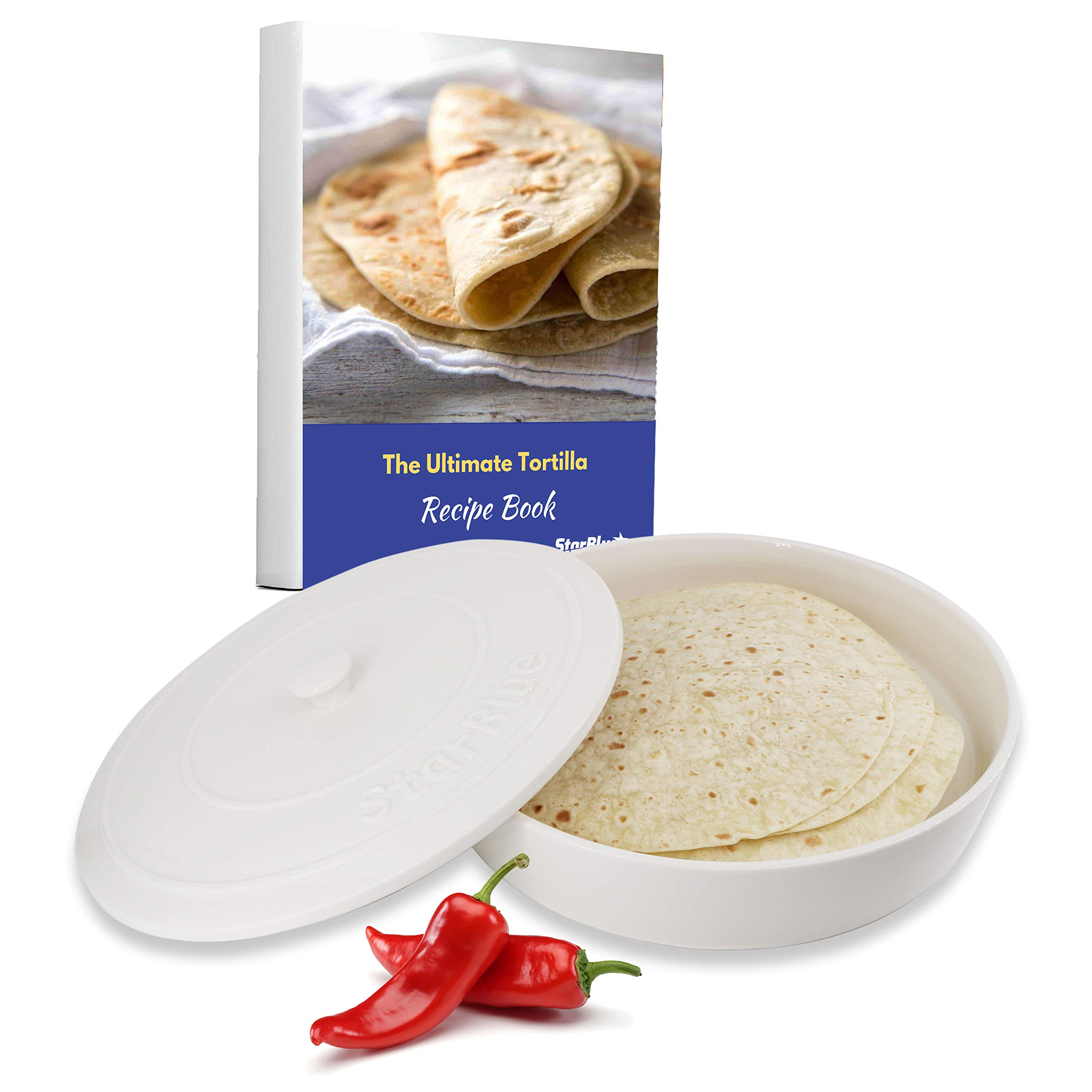 Photo 1 of 10 Inches Ceramic Tortilla Warmer by StarBlue with Free Recipes ebook - White, Insulated One Hour and Holds up to 24 Tortillas, Chapati, Roti, Microwavable, Oven Safe