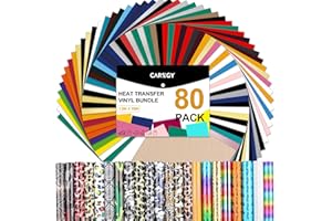 CAREGY HTV Heat Transfer Vinyl Bundle: 80 Pack 12" x 10" Iron on Vinyl for T-Shirt, 53 Assorted Colors for All Cutter Machine or Heat Press Machine