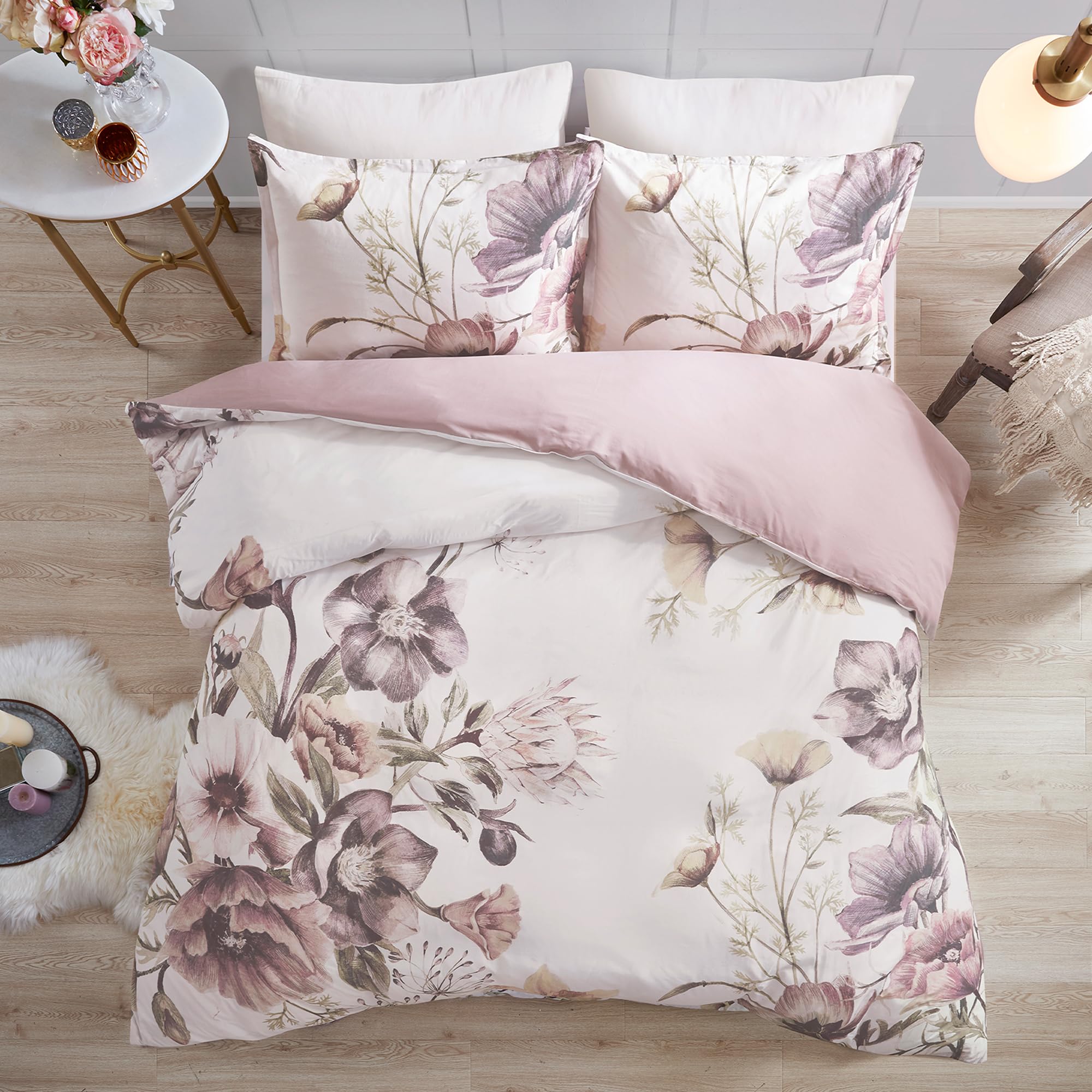 Photo 1 of **SHAMS MISSING***Madison Park Cotton Blend Duvet Set Beautiful Floral Design, All Season, Breathable Comforter Cover Bedding Set, Matching Shams, Full/Queen(90"x90"), Blush 3 Piece
