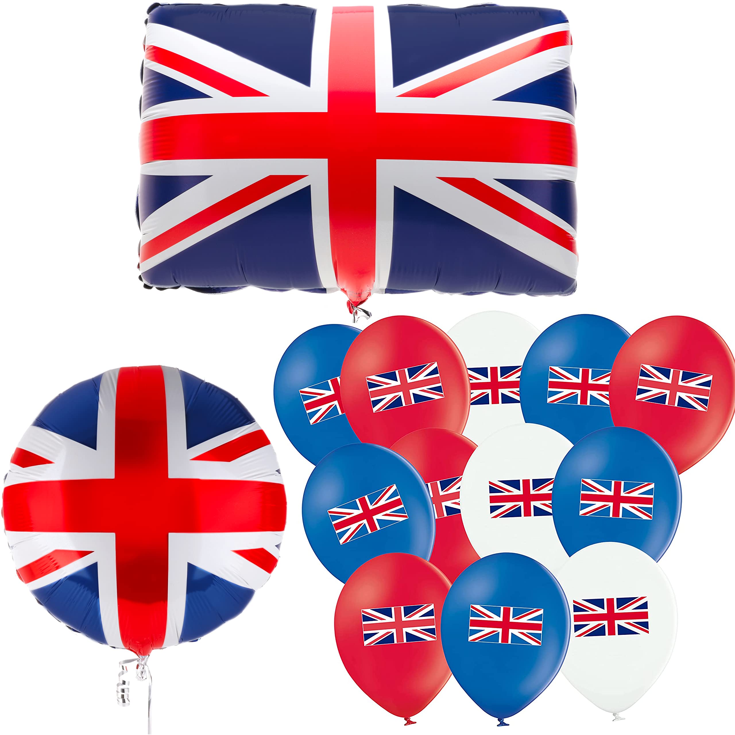 Toyland® 32 Piece Union Jack Party Balloon Bundle – 30 x Latex Balloons 12", 1 X Round Foil Balloon 18" & 1 x Large Flag Shape Balloon 22" – British Party Decorations