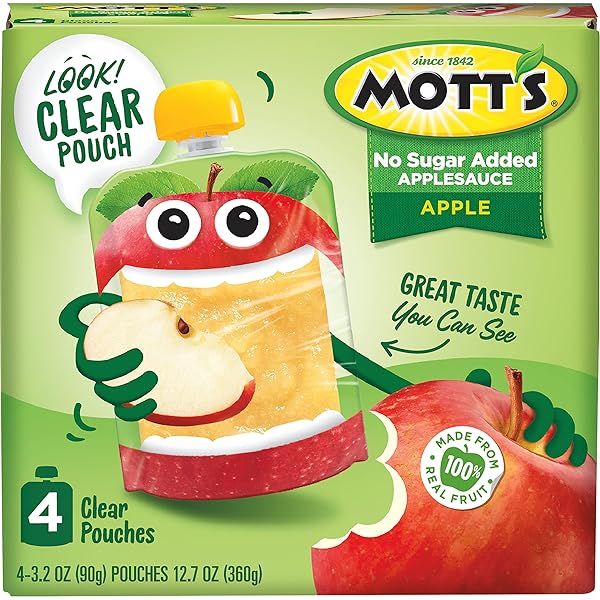 MOTT’S NO SUGAR ADDED APPLESAUCE, 3.2 OZ CLEAR POUCHES, 4 COUNT