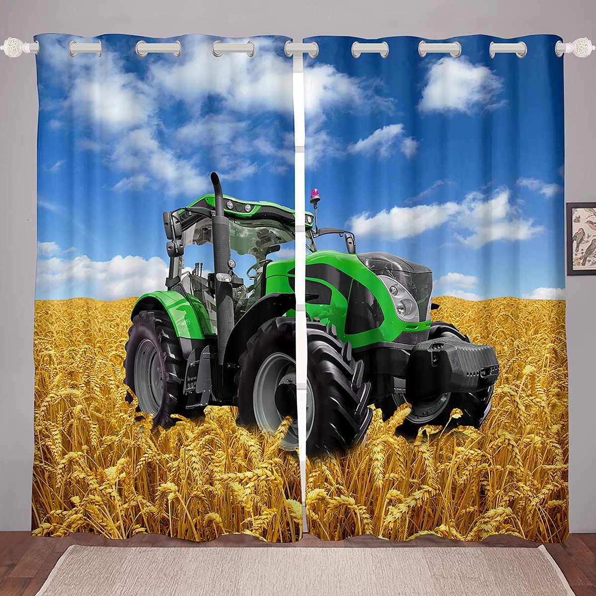 Loussiesd Tractor Window Curtain Children Boys Teenagers Wheatfield Combine Print Curtains Blue Green Gold 100% Microfiber Curtains Farms Tractor Boys W66*L72