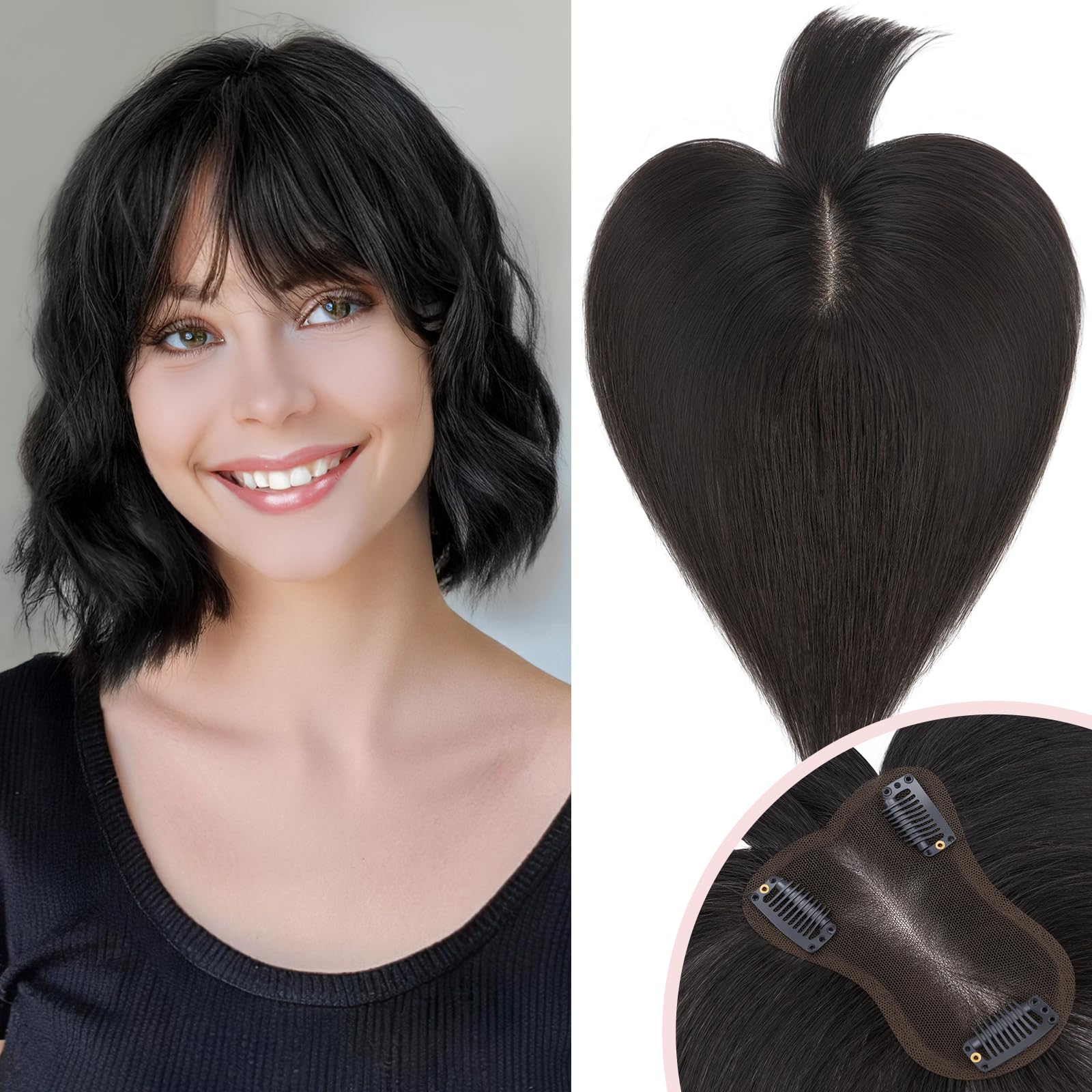SEGOHAIR Hair Toppers for Women Human Hair with Bangs 360°3D Coverage Hand-stitched Natural for Thinning Hair Add Volume 11inch Black,20g