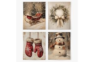 YQDEJ Christmas Wall Decor, Vintage Christmas Snowman Wreath Xmas Wall Art Prints Set of 4, Vintage Christmas Decor, Farmhouse Christmas Decor, Christmas Wall Decor for Home, 8x10 Inches Unframed