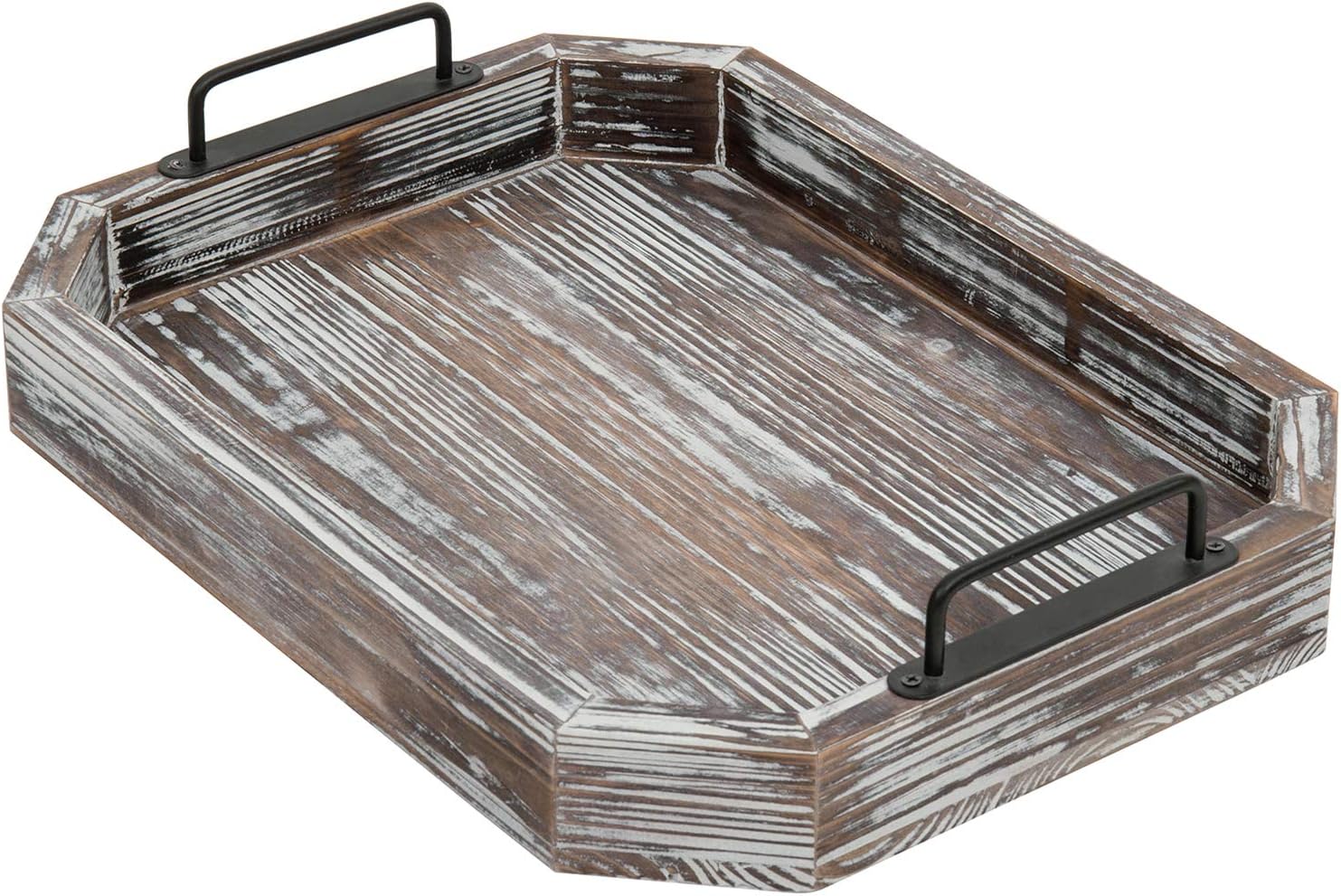 MyGift 16 Inch Rustic Torched Wood Serving Tray with Decorative Matte Black Metal Handles: Home & Kitchen
