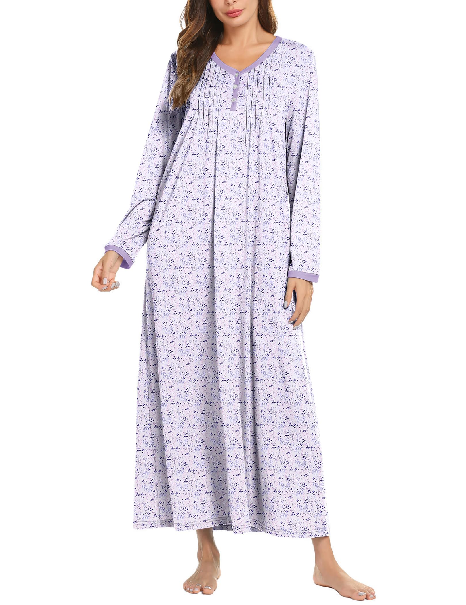 Ekouaer Women's Long Sleeve Nightgown Full Length Sleepwear Long Sleepshirts Henley Sleep Dress S-4XL Image