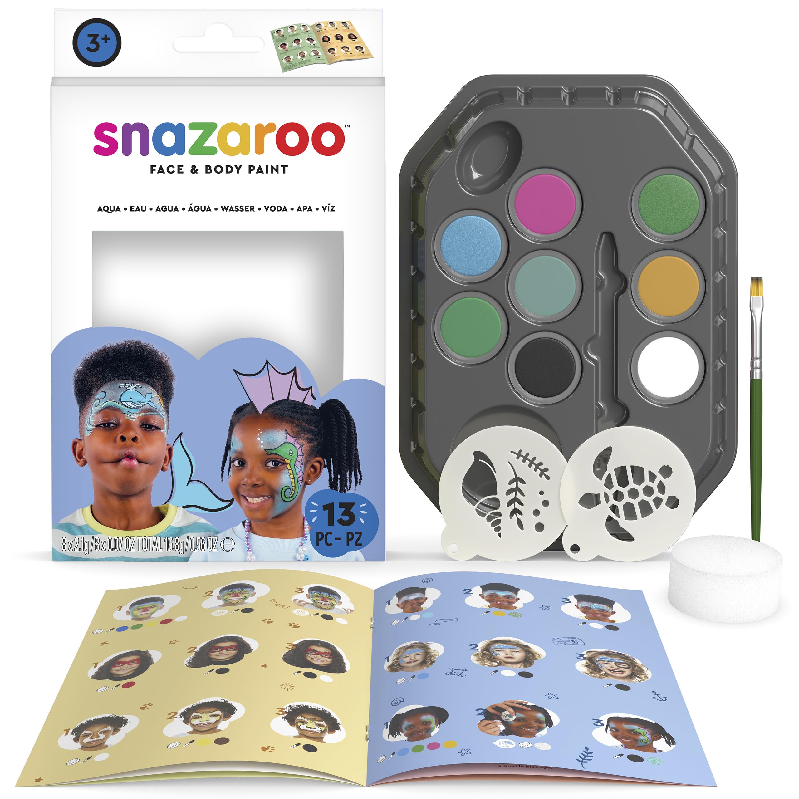 Snazaroo Aqua Face Painting Palette Kit for Kids & Adults, 8 Colours, 13pcs, Stencils, Brush, Sponge, Guide, Water Based, Easily Washable, Non-Toxic, Makeup, Body Painting & Parties