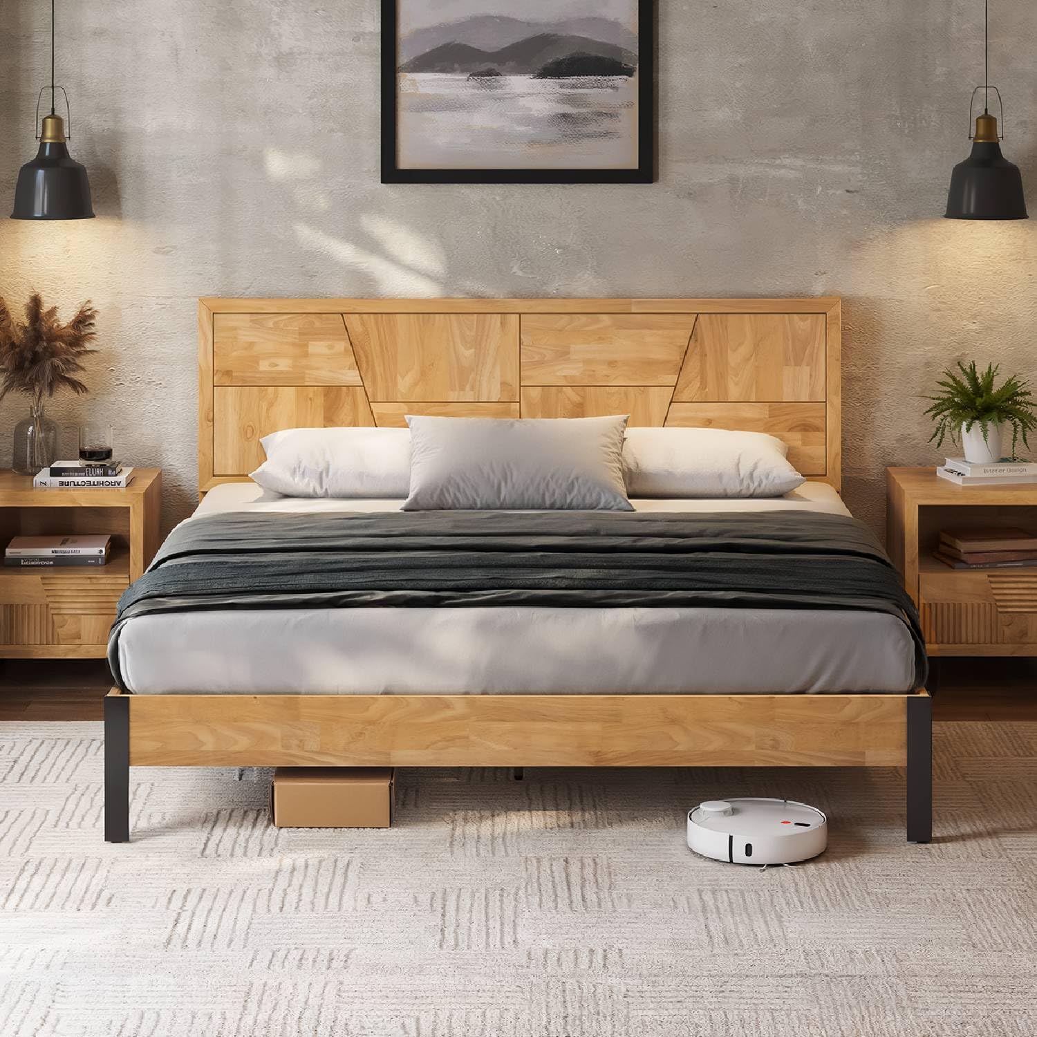 Bme Trapeze King Bed Frame – Modern Solid Wood Bed with Smooth Pattern Headboard, Black Metal Legs, Light Natural Finish – Durable King Size Platform Bed for Contemporary Bedrooms Image