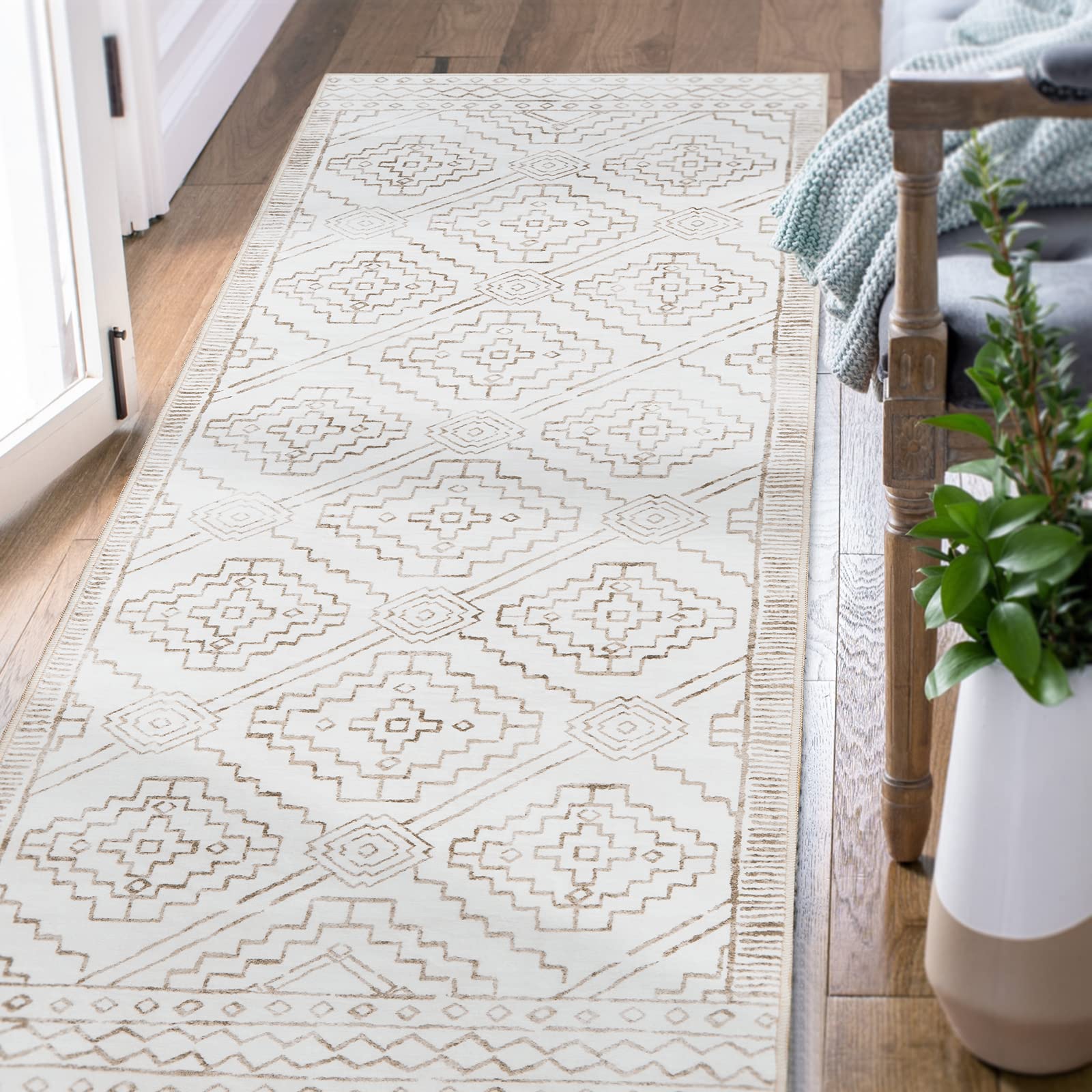 TOPICK Runner Rug 60x210cm Hallway Runner Soft Washable Taupe Rug Short Pile Geometric Print Carpet Non Slip Lightweight Carpet for Kitchen Bathroom Living Room Bedroom