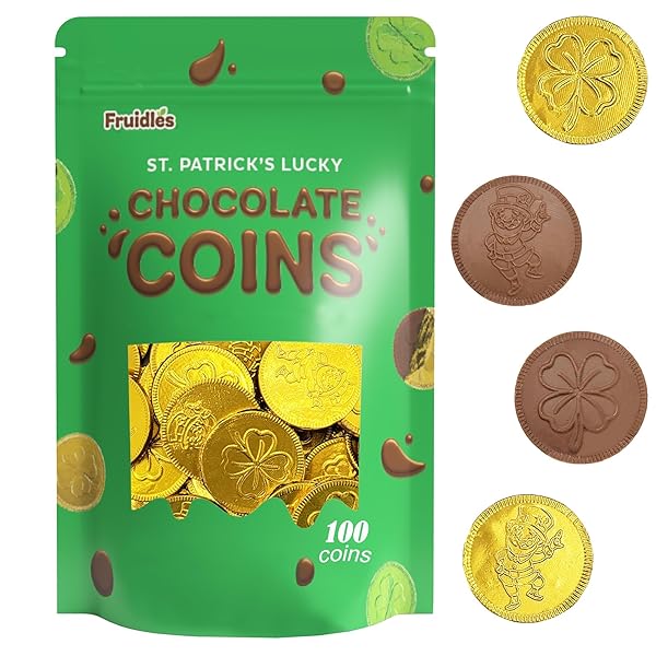 ST. PATRICK’S DAY MILK CHOCOLATE GOLD COINS 100 COINS, SHAMROCK & LEPRECHAUN THEMED COINS, PARTIES, EVENTS AND CELEBRATIONS, PERFECT FOR GIFT BAGS AND FESTIVE DECORATIONS, 4.5G MILK CHOCOLATE COIN