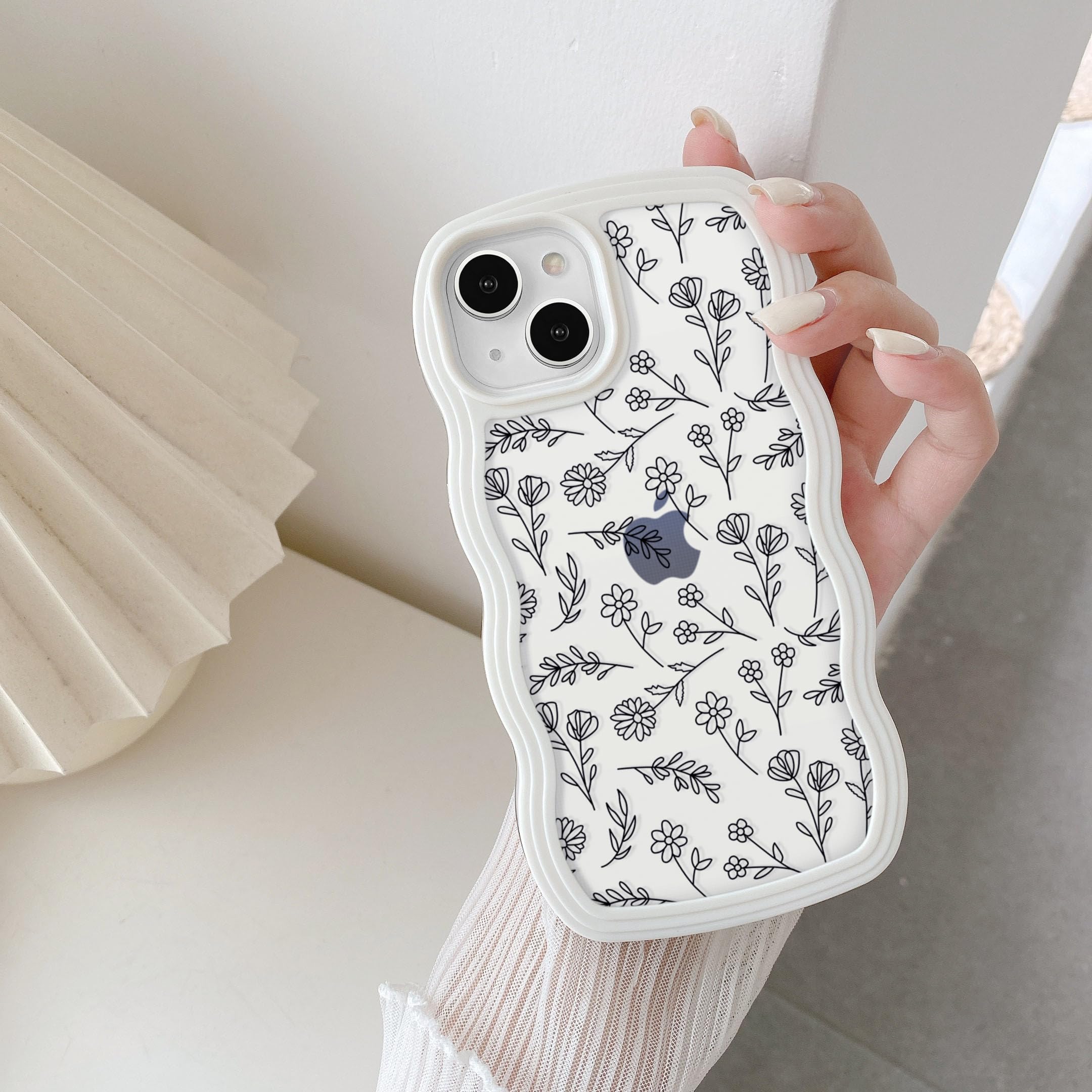 QLTYPRI for iPhone 13/iPhone 14 Case, Cute Curly Wave Frame Clear Case for Girls Women, Flower Clear TPU Bumper Soft Silicone Shockproof Protective Phone Cover for iPhone 13/14-Black Floral/White