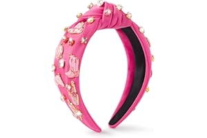 PANTIDE Western Jeweled Knotted Headband - Cowgirl Boots Hat Rhinestone Crystal Embellished Headband Wide Top Knot Fashion Hairband Hair Accessories Birthday Gift for Cowboy Women Girls (Hot Pink)