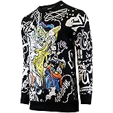 SCREENSHOT-F11027 Mens Urban Hip Hop Fleece Pullover Top - Dancing Guitar Player Cartoon Animation Crew Neck Streetwear Sweatshirt-Black-Small