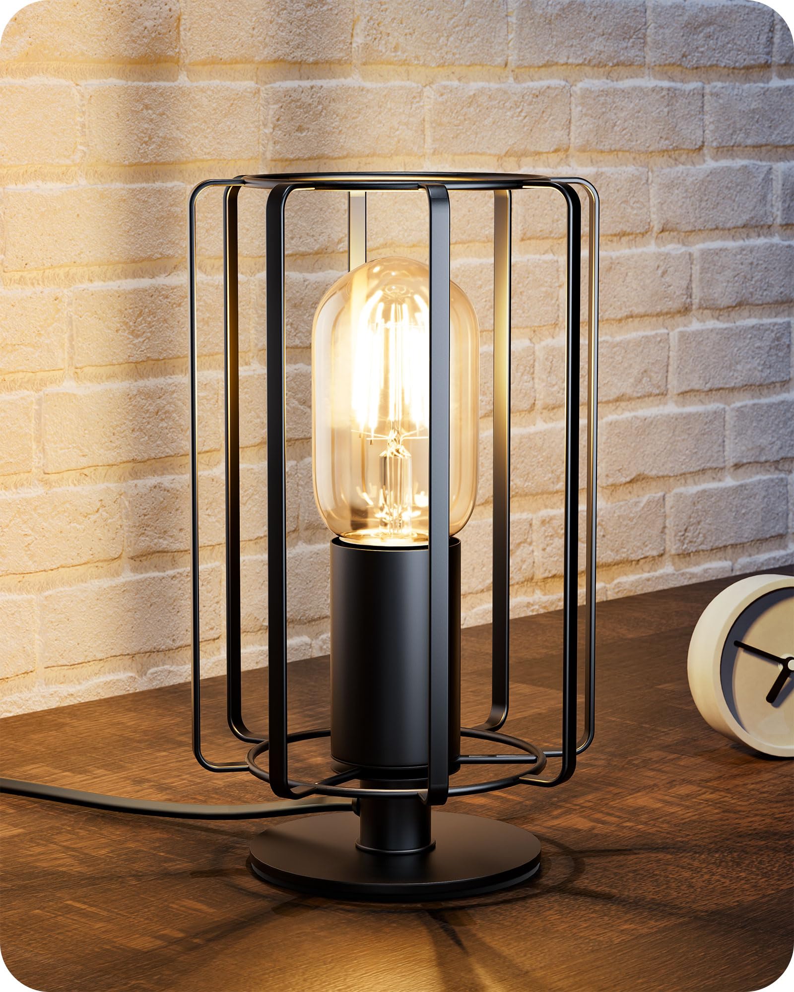 EDISHINE Industrial Table Lamp, Vintage Bedside Black Metal Cage Lamp for Living Room, Bedroom, E27 Socket, LED Bulb Included, 2400K Warm Light