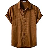 ZEROYAA Men's Luxury Shiny Satin Jacquard Shirt Modern Fit Short Sleeve Button Down Shirts for Summer Party Prom