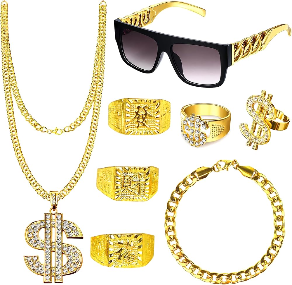 Goenb 8pc Hip Hop Costume Kit 80s 90s Rapper Accessories Chain Sunglasses Rings