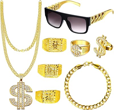 Goenb 8pc Hip Hop Costume Kit 80s 90s Rapper Accessories Chain Sunglasses Rings