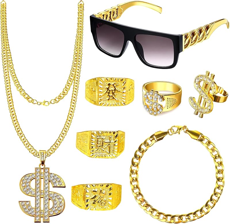 Goenb 8pc Hip Hop Costume Kit 80s 90s Rapper Accessories Chain Sunglasses Rings