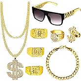 Goenb 8PCS Hip Hop Costume Accessories, Rapper Costume 80s 90s Accessories for Men Women Fake Gold Chain Rapper Sunglasses Dollar Sign Chain Ring Kanji Ring for Party Favors Carnival