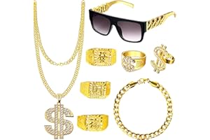 Goenb 8PCS Hip Hop Costume Accessories, Rapper Costume 80s 90s Accessories for Men Women Fake Gold Chain Rapper Sunglasses Dollar Sign Chain Ring Kanji Ring for Party Favors Carnival