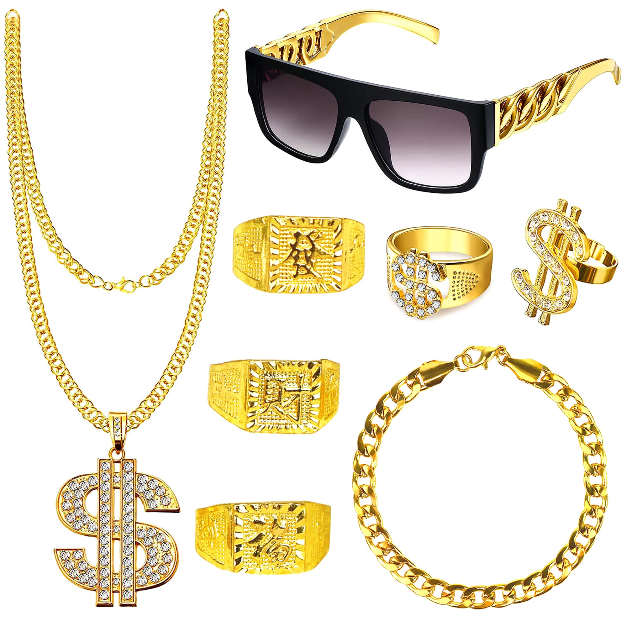 Goenb 8 Pcs Hip Hop Costume Accessories, Hip Hop Costume Kit 80s 90s Accessories for Men Women Fake Gold Chain Rapper Sunglasses Dollar Sign Chain Ring Kanji Ring Party Favors Decoration