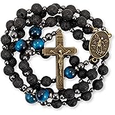 Lava Stone Black Rosary Beads for Men, Catholic Rosary Necklace with Saint Medal & Cross, Blue Tiger Eye Beads Strong Rosary Cross Necklace in Portable Gift Box