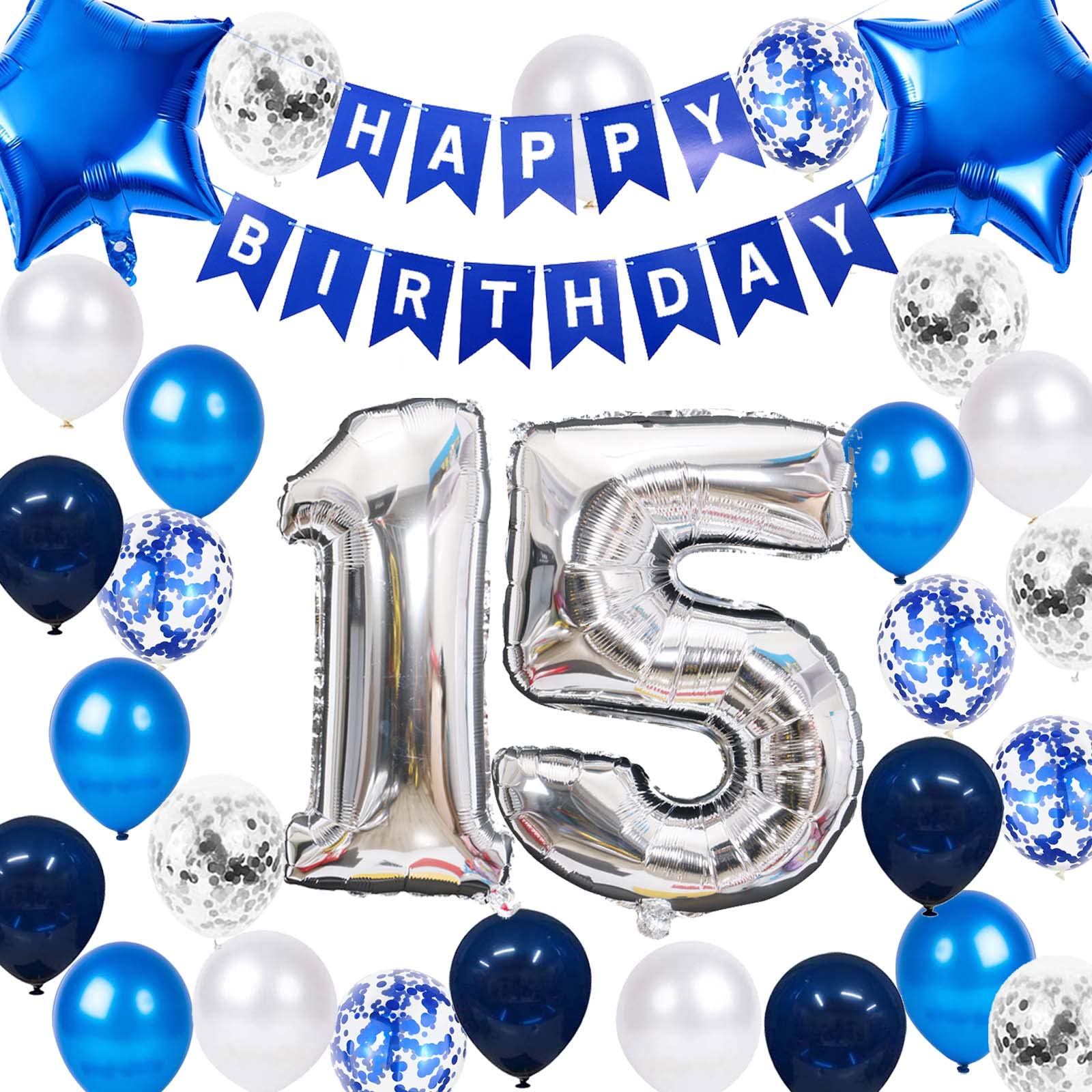 Photo 1 of 15th Birthday Party Decoration for Boys, Happy Birthday Banner Blue Number 15 Birthday Balloons 15th Birthday Latex Confetti Balloon for Boys Him Son 15 Years Old Birthday Decoration Supplies(15th)