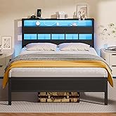 Furnulem Full Size Bed Frame with LED Light and Charging Station, Wood Storage Headboard with 2-Tier Shelves, Metal Platform Bed with Heavy Duty Slats Support, No Box Spring Needed, Black Oak