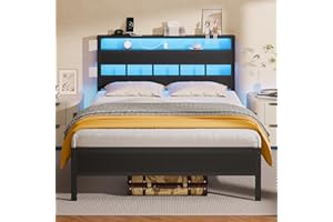 Furnulem Full Size Bed Frame with LED Light and Charging Station, Wood Storage Headboard with 2-Tier Shelves, Metal Platform Bed with Heavy Duty Slats Support, No Box Spring Needed, Black Oak