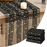 Artoid Mode 3PC Gold Stars Black Gauze Table Runner 120 Inch 10FT, Reversible Glitter Sheer Dining Wedding Holiday Birthday Table Decor for Home Party