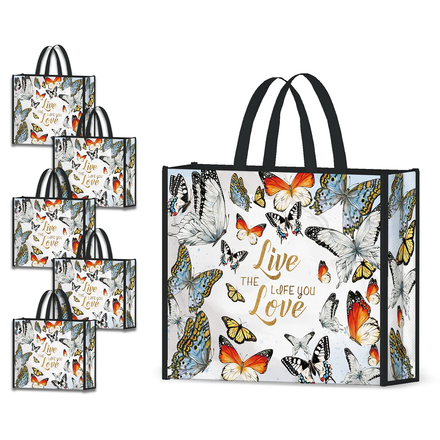 NymphFable 5 Pack Reusable Shopping Bags Colorful Butterfly Washable Grocery Bags Fabric Tote Bag