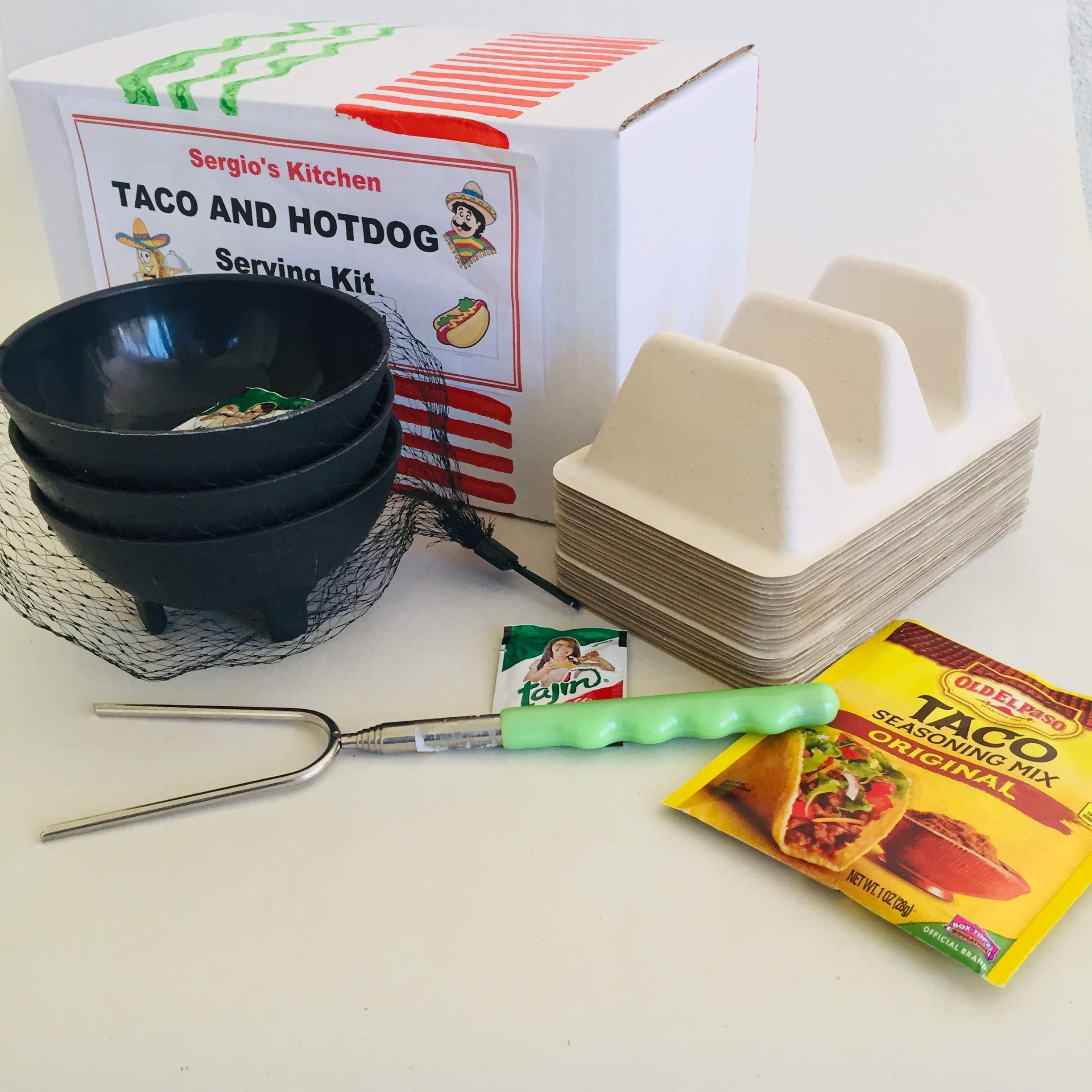 Great Gift! Sergio’s Kitchen Taco and Hot Dog Serving Kit Disposable Serving Holders, Salsa Bowls, BBQ campfire Fork, Taco Seasoning and Recipes.it's complete! by FitLife Products