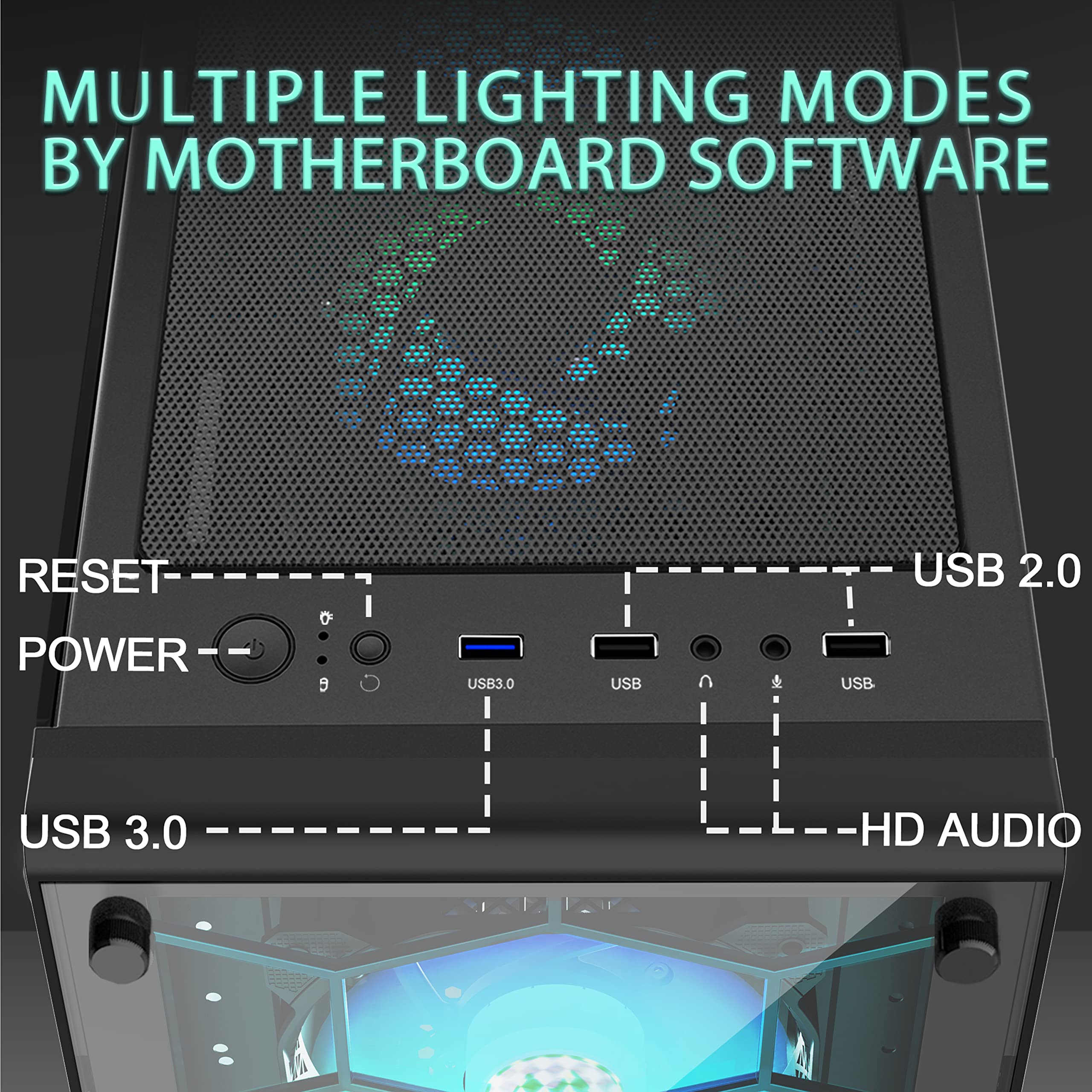 MOROVOL ATX PCケース プリインストール 4個 120mm ARGBファン ミッドタワー PCゲームケース USB 3.0 強化ガラスコンピュータケース ブラック R7Q4