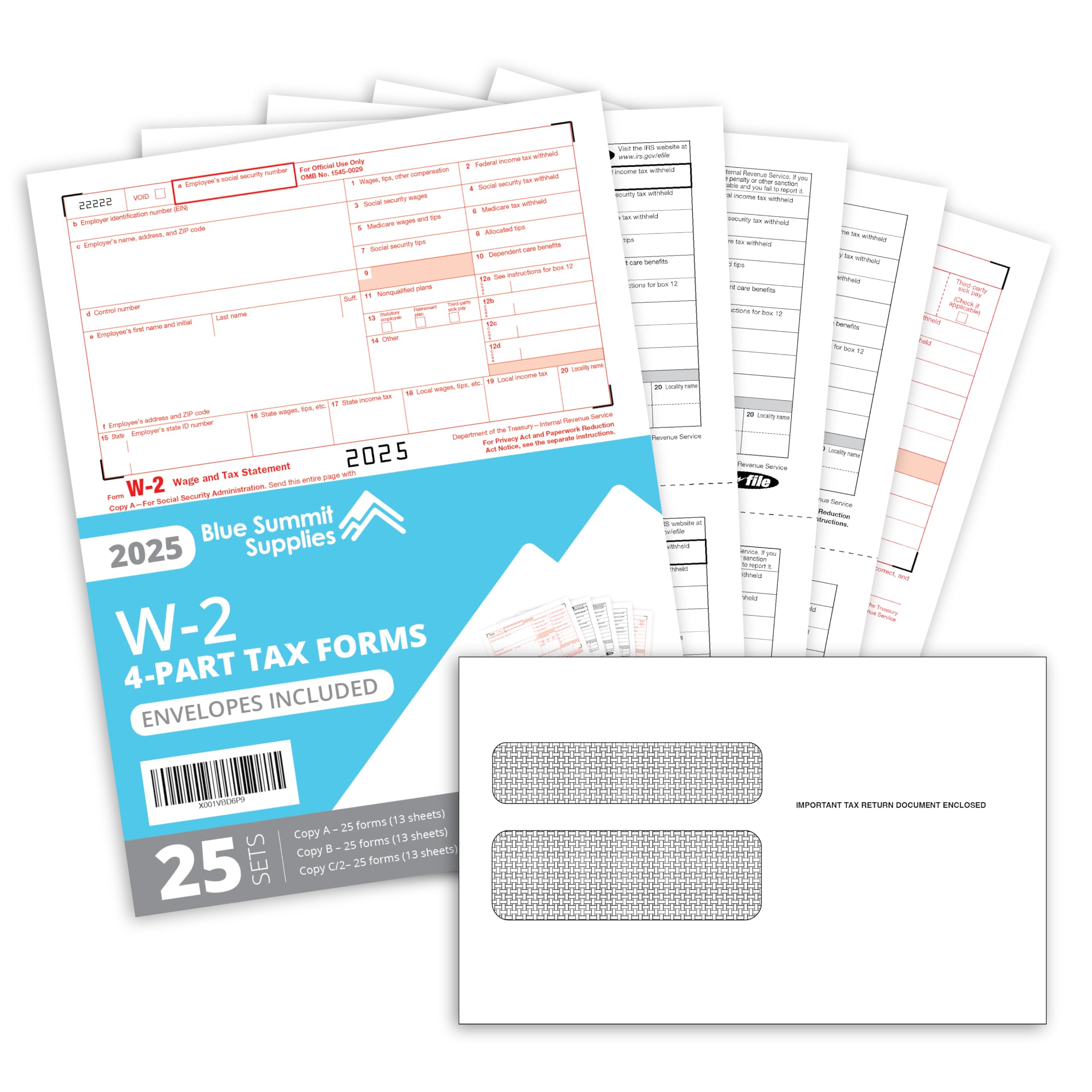 Photo 1 of Blue Summit W2 Forms 2025 with Envelopes, 4 Part W2 Tax Forms 2025, 25 Employee Kit of Laser Forms with 3 W3s, Compatible with QuickBooks and Accounting Software, 25 Self Seal Envelopes Included