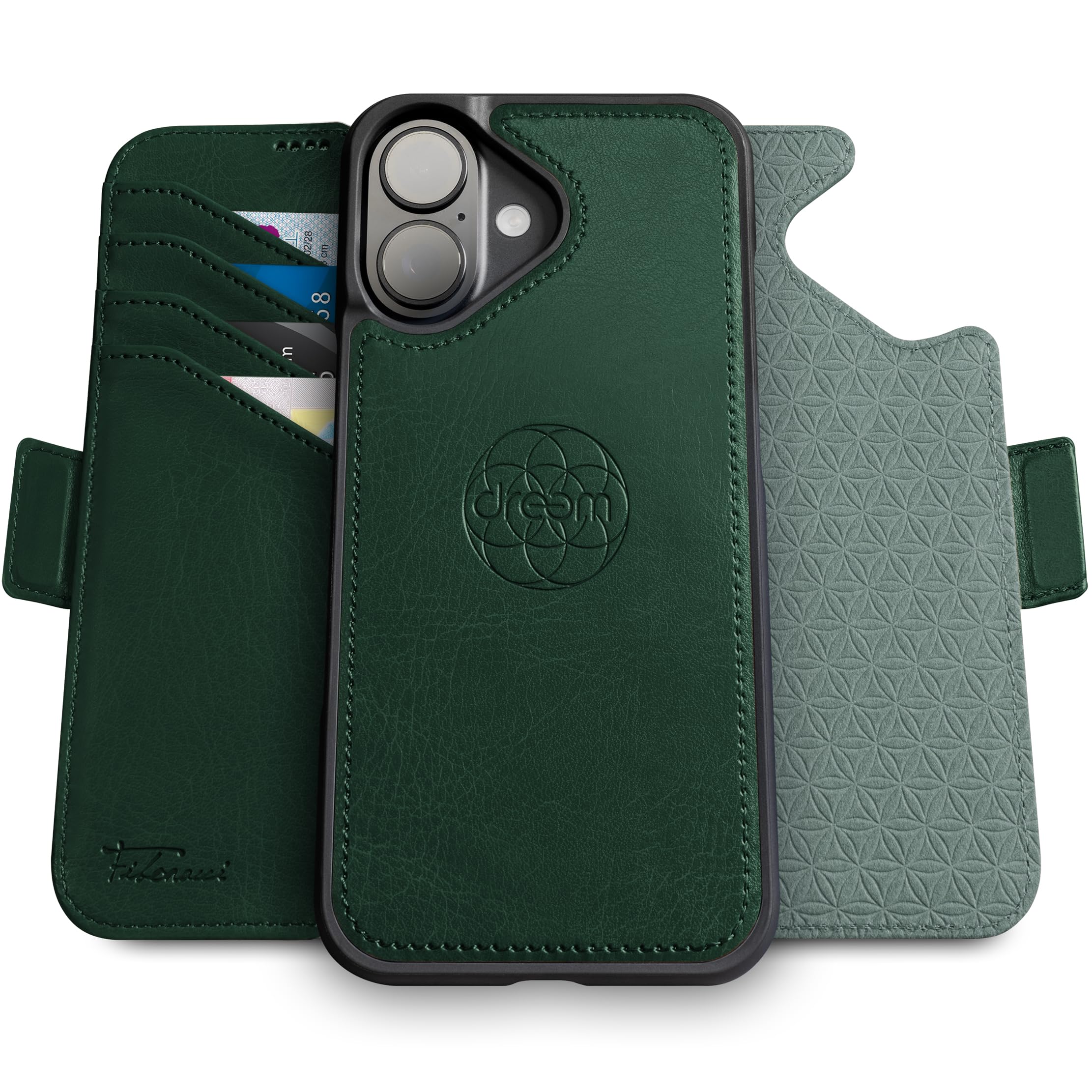 dreem Wallet Case for iPhone 16 Plus, Revolutionary Vert/Hor Phone Stand, Magnetic Detachable Vegan Leather Flip Cover RFID Blocking Card Holder, MagSafe-Fit, Gift Box [Fibonacci: Green]
