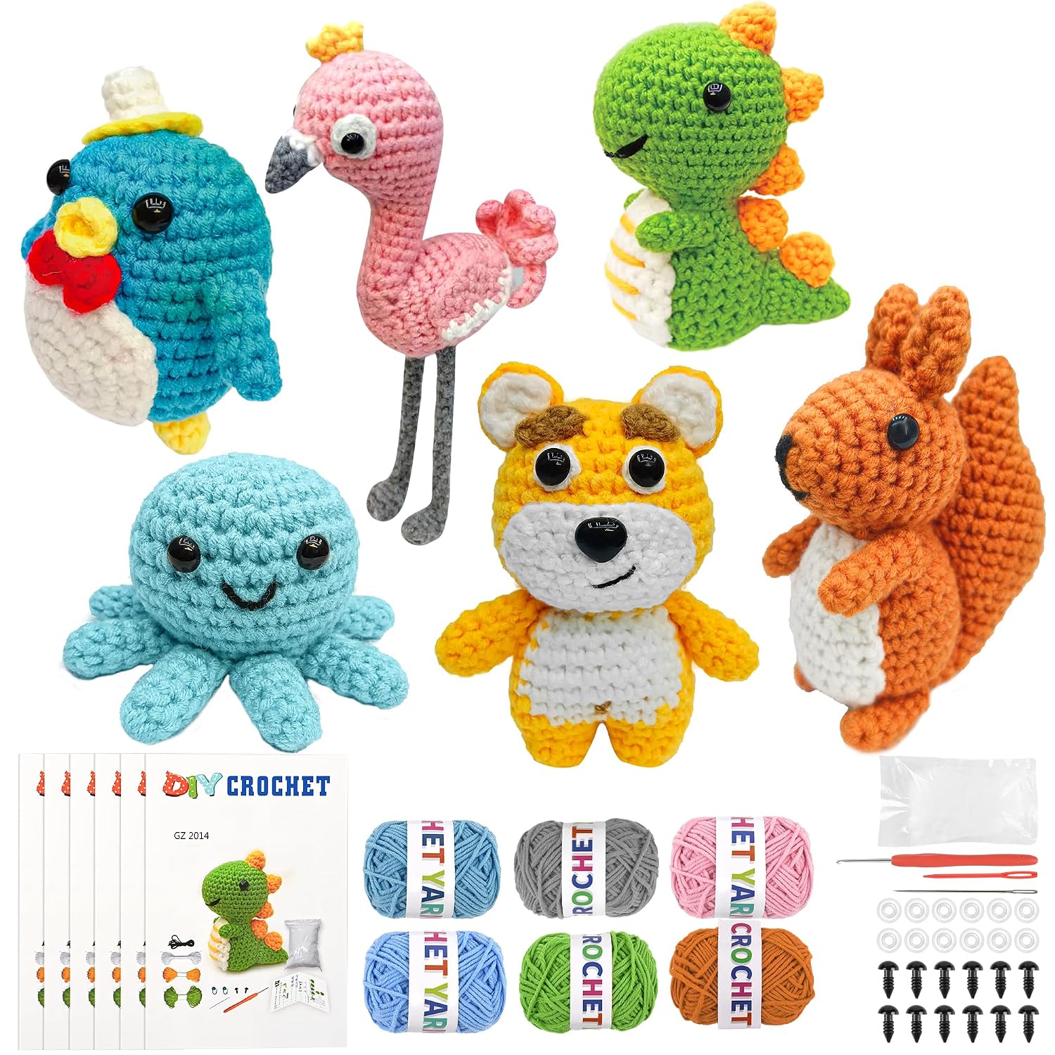 FHFTHYH 6Pcs Crochet Kit for Beginners, DIY Craft for Adults, Great Gift for Crochet Lovers, Crocheting Animal Kits with Step