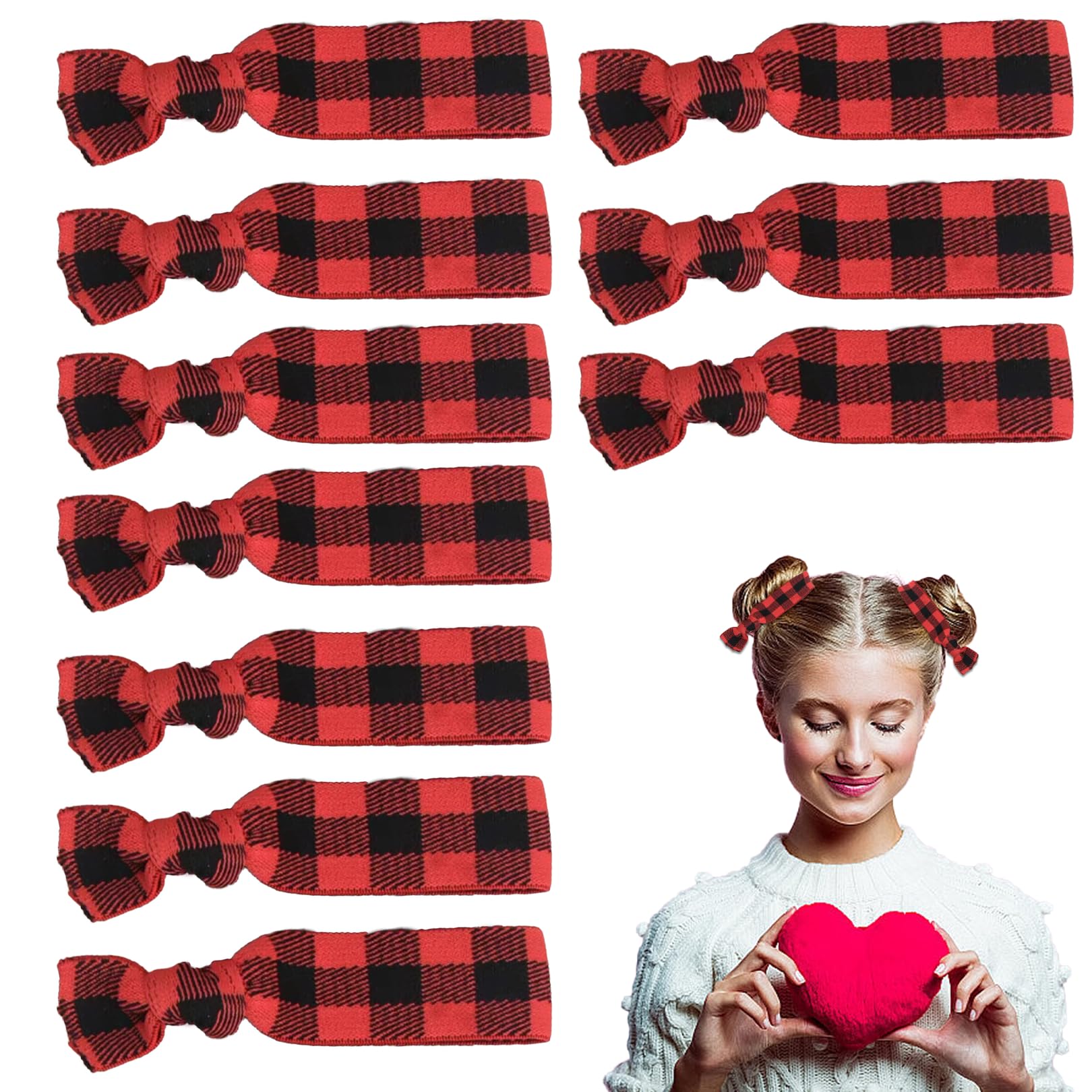 Photo 1 of 10pcs Christmas Ribbon Hair Ties Set, Christmas Hair Accessories, Red Plaid Elastics, Ribbon Hair Ties Cloth Hair Bands No Crease Hair Tie Ponytail Holders New Year Hair Accessories for Women