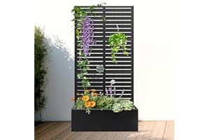 FENCY Metal Raised Garden Bed with Trellis, Metal Planter Box with Trellis, Garden Box for Climbing Plants Vegetable, 35" Lx16 Wx71 H Garden Bed with Drainage Holes(Black-Louvered)
