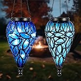 Tujoe 2 Set Solar Hanging Lantern Lights Outdoor Chandelier Moroccan Hanging Solar Light Tear-Shaped 15 LEDs Cool White with S Hooks for Christmas Garden Yard Pathway Landscape Decor(Blue)