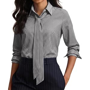 Striped Button Down Shirts for Women Dress Shirt Long Sleeve Cotton Casual Blouse Collared Office Work Tops with tie